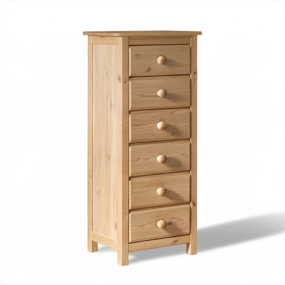 Wysoka komoda drewniana z 6 szufladami, naturalna sosna, 45 × 35 × 120 cm