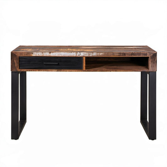 Prostokątne biurko drewniano-metalowe brązowo-czarne 120 x 60 x 76 cm z szufladą