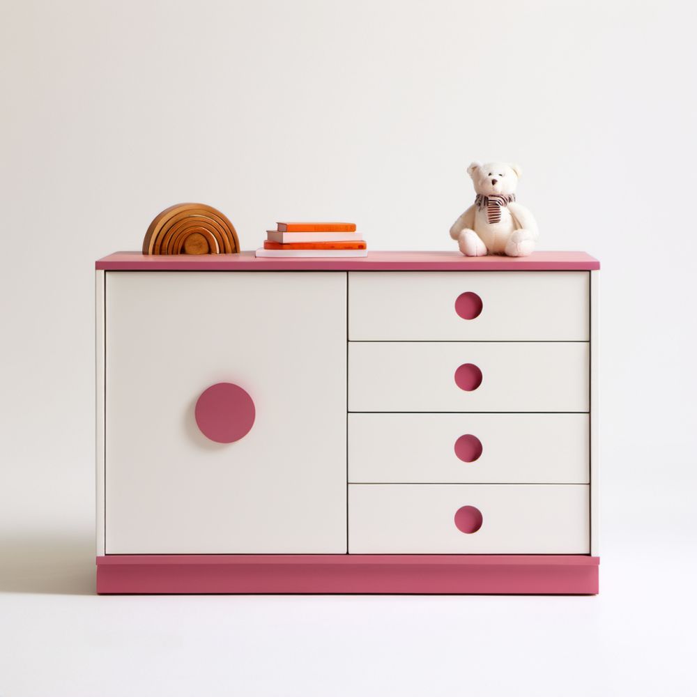 Komoda dziecięca z płyty MDF biała i różowa, 100 x 40 x 80 cm, 4 szuflady i 1 drzwi