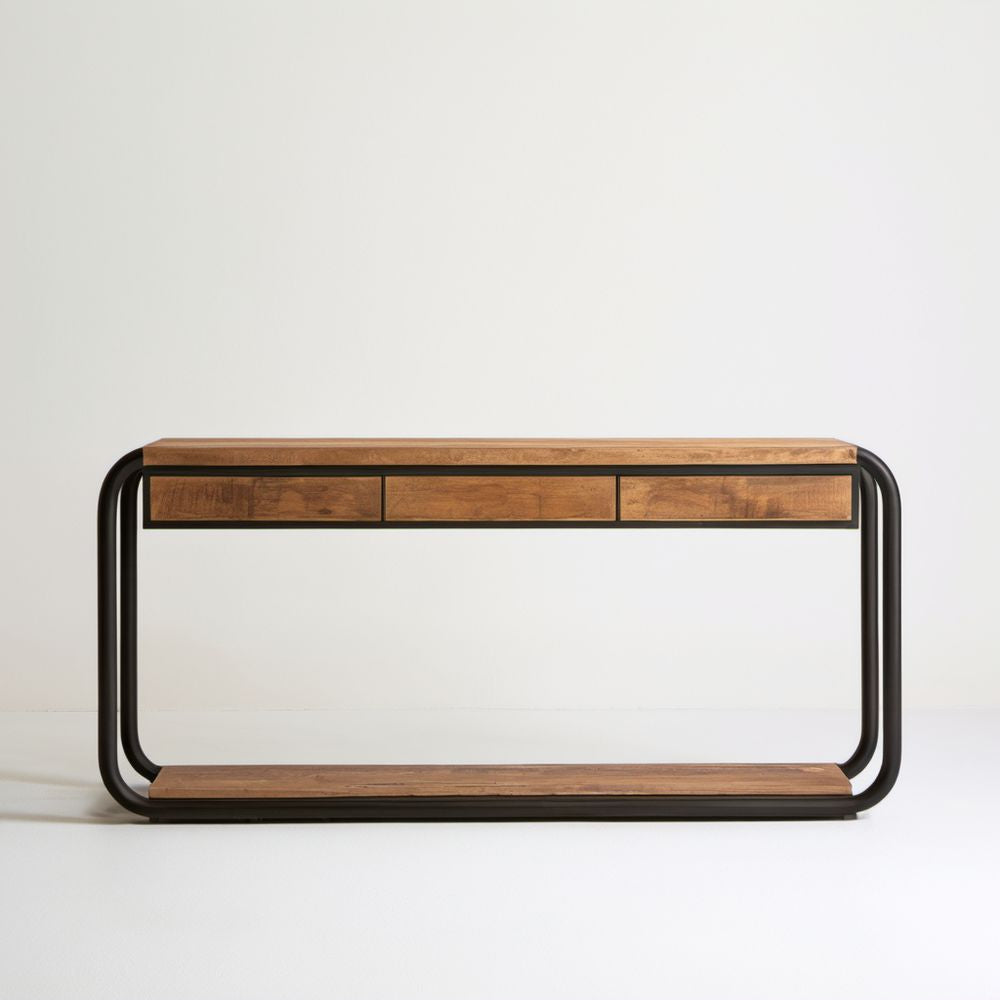 Konsola do przedpokoju z 3 szufladami z płyty MDF i stali, brązowo-czarna, 120 × 35 × 80 cm