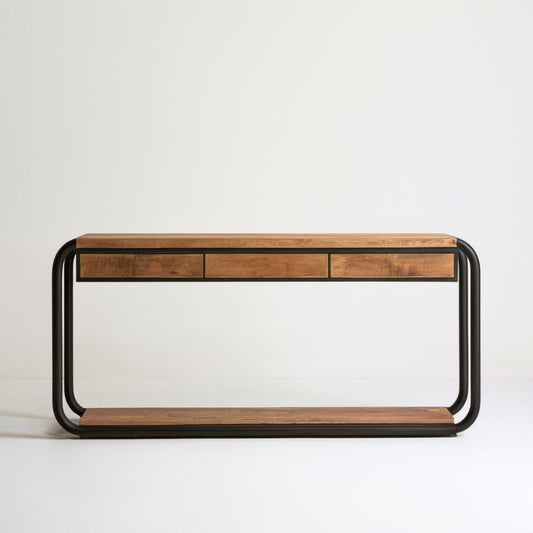 Konsola do przedpokoju z 3 szufladami z płyty MDF i stali, brązowo-czarna, 120 × 35 × 80 cm
