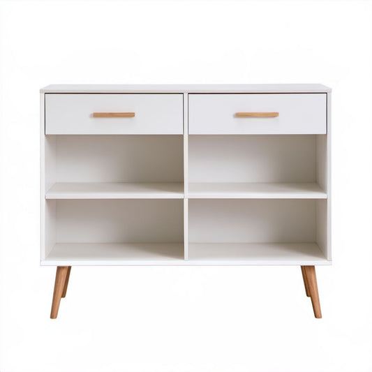 Biała drewniana szafka na buty z 2 szufladami i 4 wnękami, 100 x 35 x 90 cm